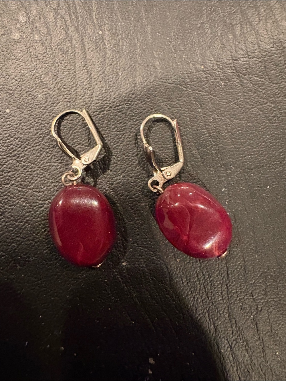 Silver Leverback Earrings with Deep Red Stone Drops